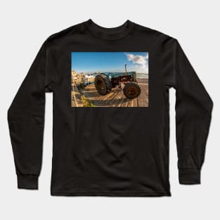 Fisheye view of a tractor, trailer and fishing boat on Cromer Beach on the North Norfolk Coast Long Sleeve T-Shirt